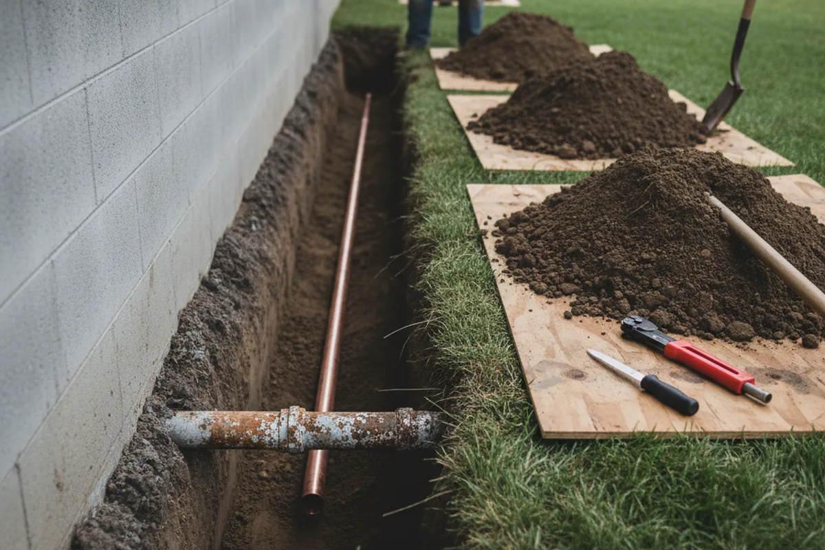 Excavated water line trench during Sewer Line Repair in Wylie
